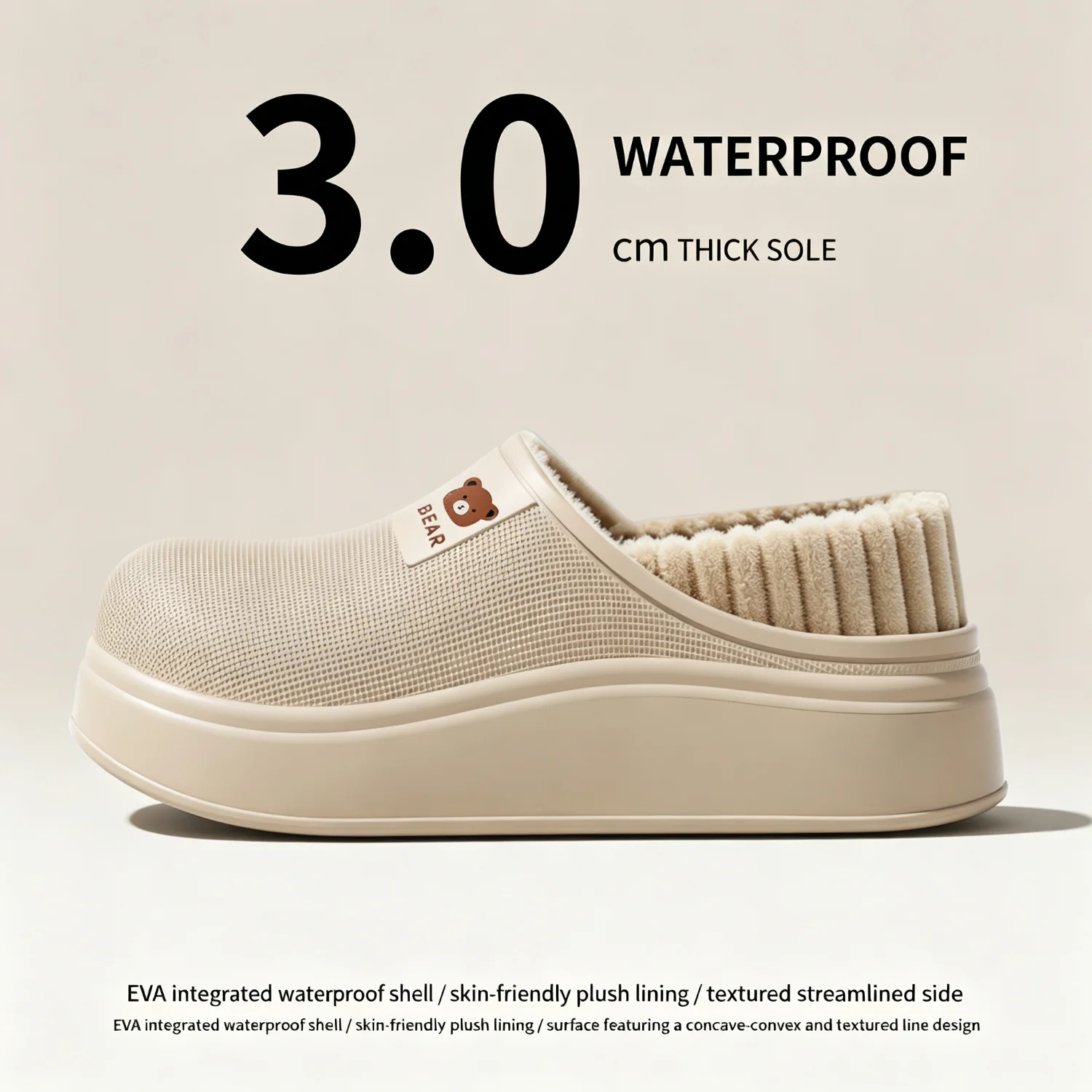 Wasserdichte Winter-Hausschuhe für Damen und Herren, 4 cm dicke Sohle, flauschig warm, für den Innenbereich, rutschfest, mit Fell gefüttert, weiche, gepolsterte Clogs. – Detail 20
