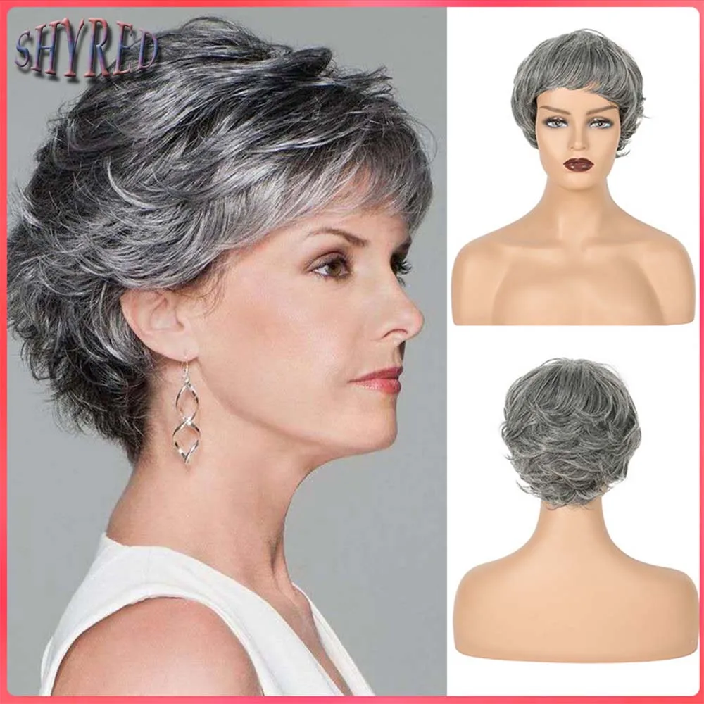 Synthetic Short Curly Wigs for Women Silver Gray Wig with Bangs Halloween Costume Wig Female Cosplay Lady  Wig