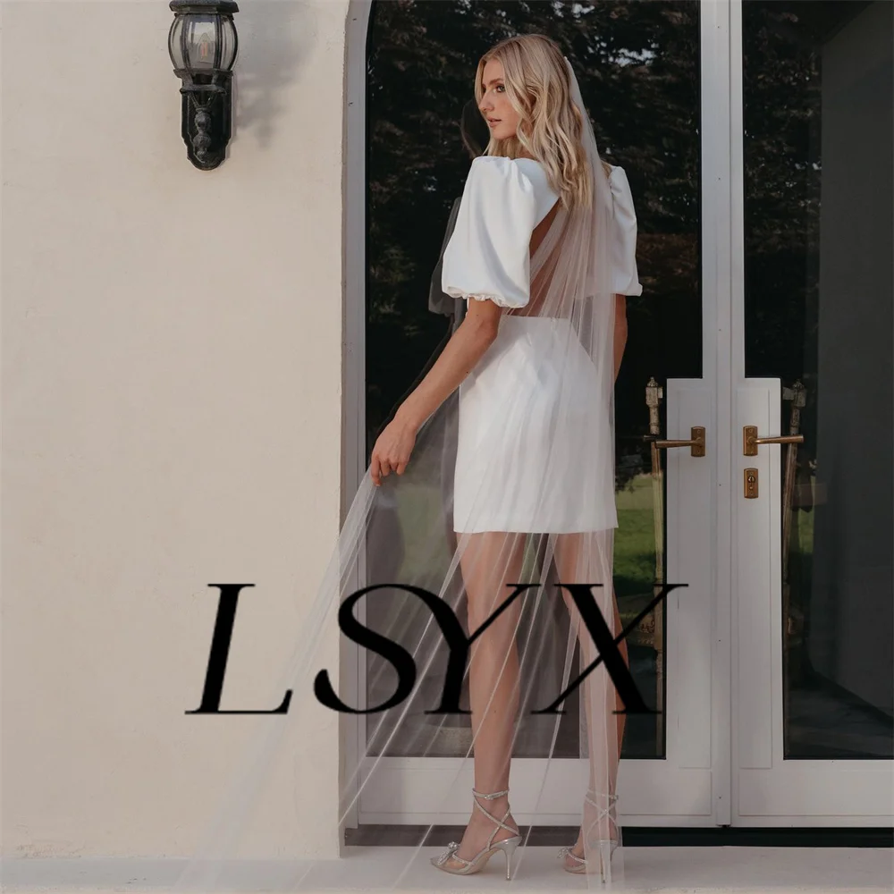 LSYX-Mini robe de mariée en pansement à manches bouffantes et col en V profond pour femmes, gaine dos ouvert, au-dessus du genou, robe courte pour patients, sur mesure