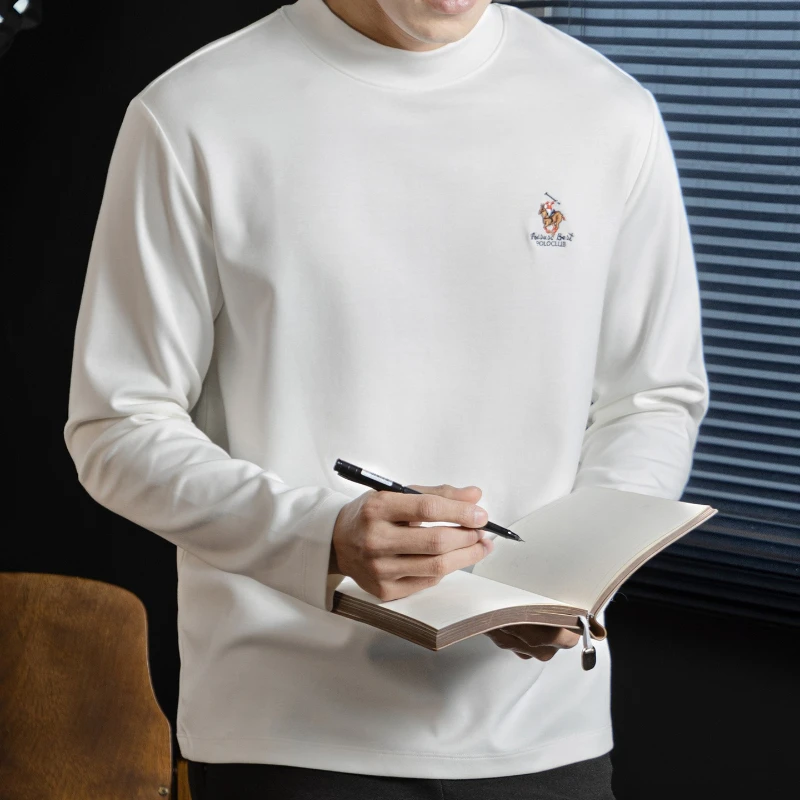 Minglu Cotton Spring Autumn Men's Polo Shirts Luxury 3D Embroidery Long Sleeve Solid Color Mock Neck Casual Male T-shirts 4XL