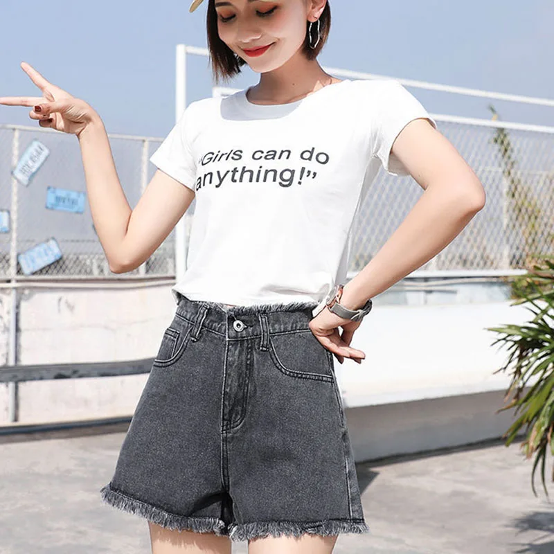 

Летние повседневные джинсовые брюки трапециевидной формы с высокой талией, женские тонкие широкие джинсы-колокольчики для похудения, модные шорты китайского производства