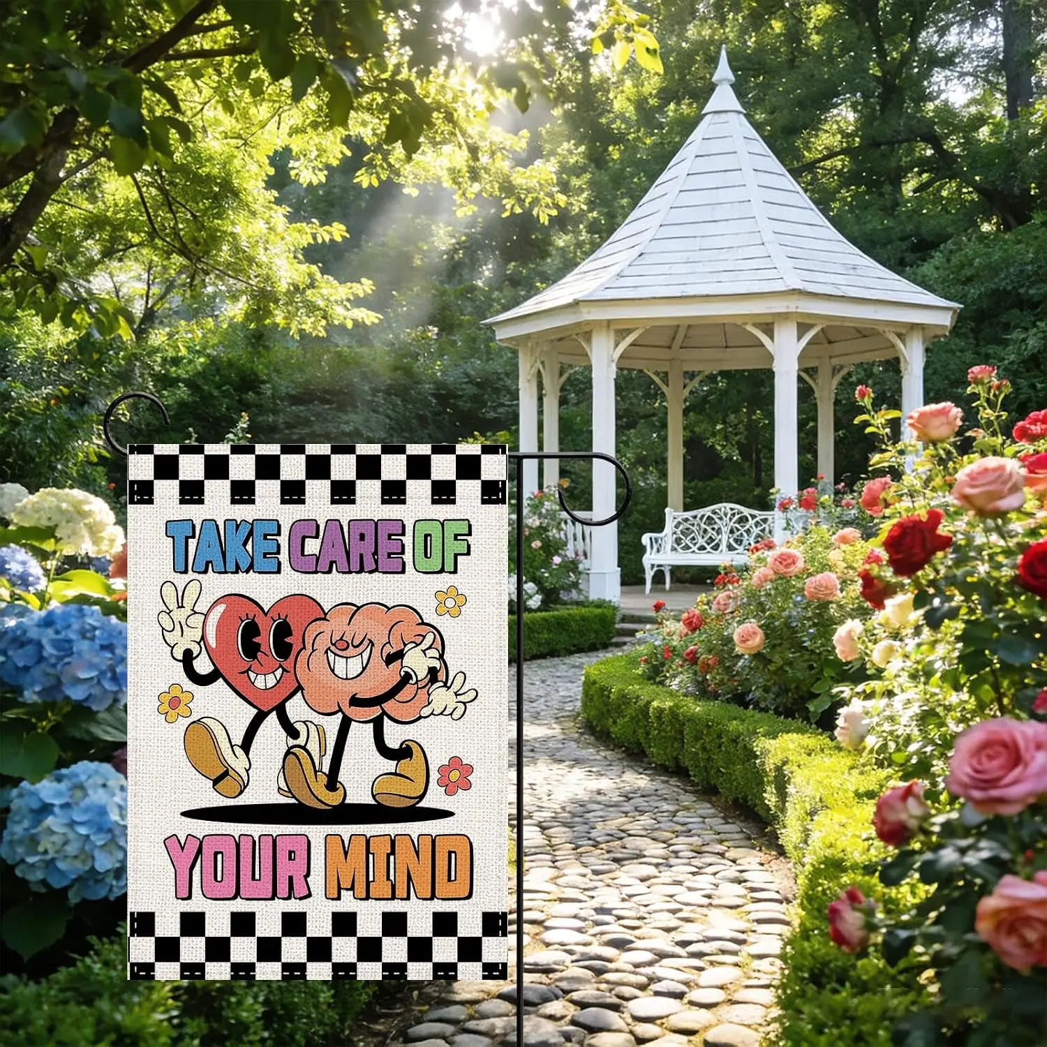 Funny Mental Health Take Care of Your Mind Garden Flag, Positive Retro Groovy Heart Brain Checkered Small Yard Outdoor Decor llp