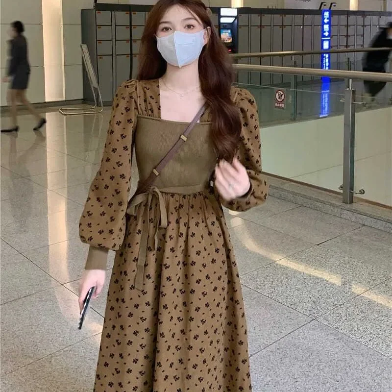 

Sweet Style Women's Long Sleeve Printed Dress With Puff Sleeves Square Neck A Line Midi Length Casual Spring Autumn Fashion Dres