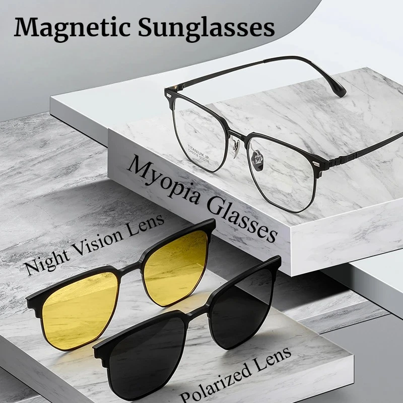 Magnetic Aluminum Magnesium Half Rim Polygonal Myopia Glasses Frame Men Outdoor Travel Night Driving Polarized Sunglasses UV400