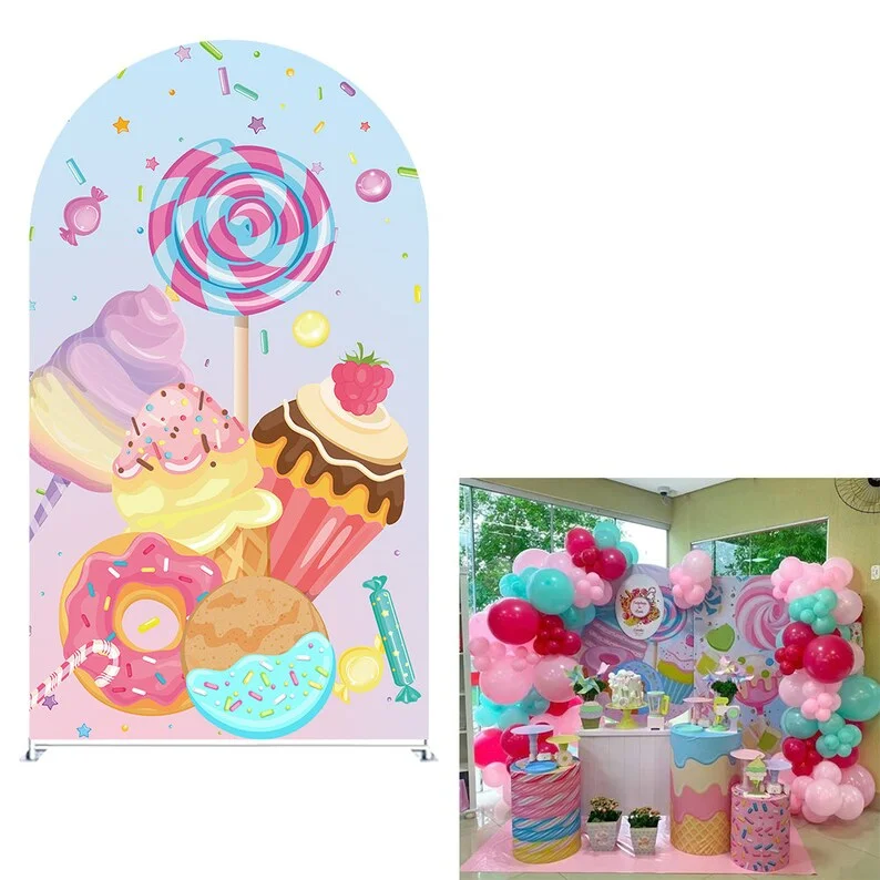 Mehofond Cupcake ArchฉากหลังครอบคลุมSweet Candyวันเกิดเด็กโดนัทสีชมพูฐานกระบอกอาบน้ําเด็กเด็กFesta Decor