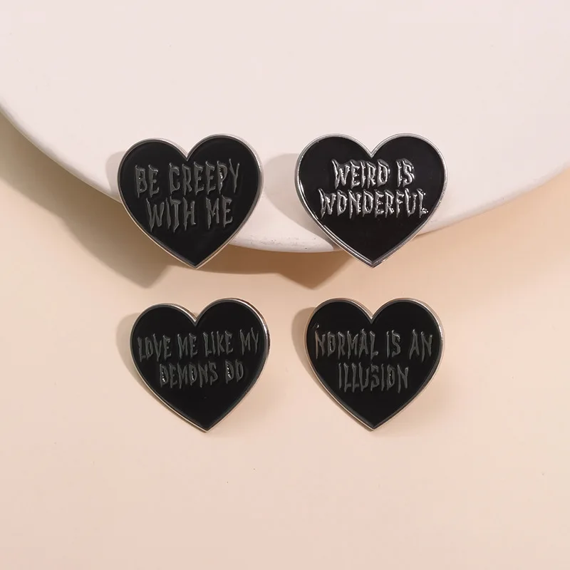 New Black Heart-shaped Spade Brooch Clothing Accessories Ordinary Is An Illusion Text Metal Badge Wholesale