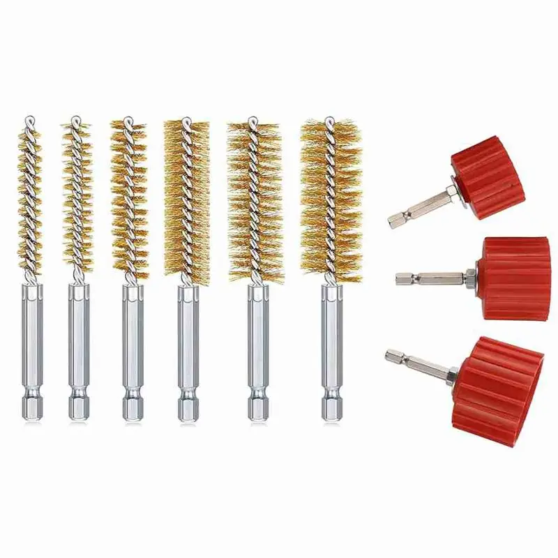 AEE2-9 Piece 1/2 Inch 3/4 Inch 1 Inch Copper Pipe Cleaner For Power Drill, Tube Cleaning Brush,With Copper Wire Bore Brushes