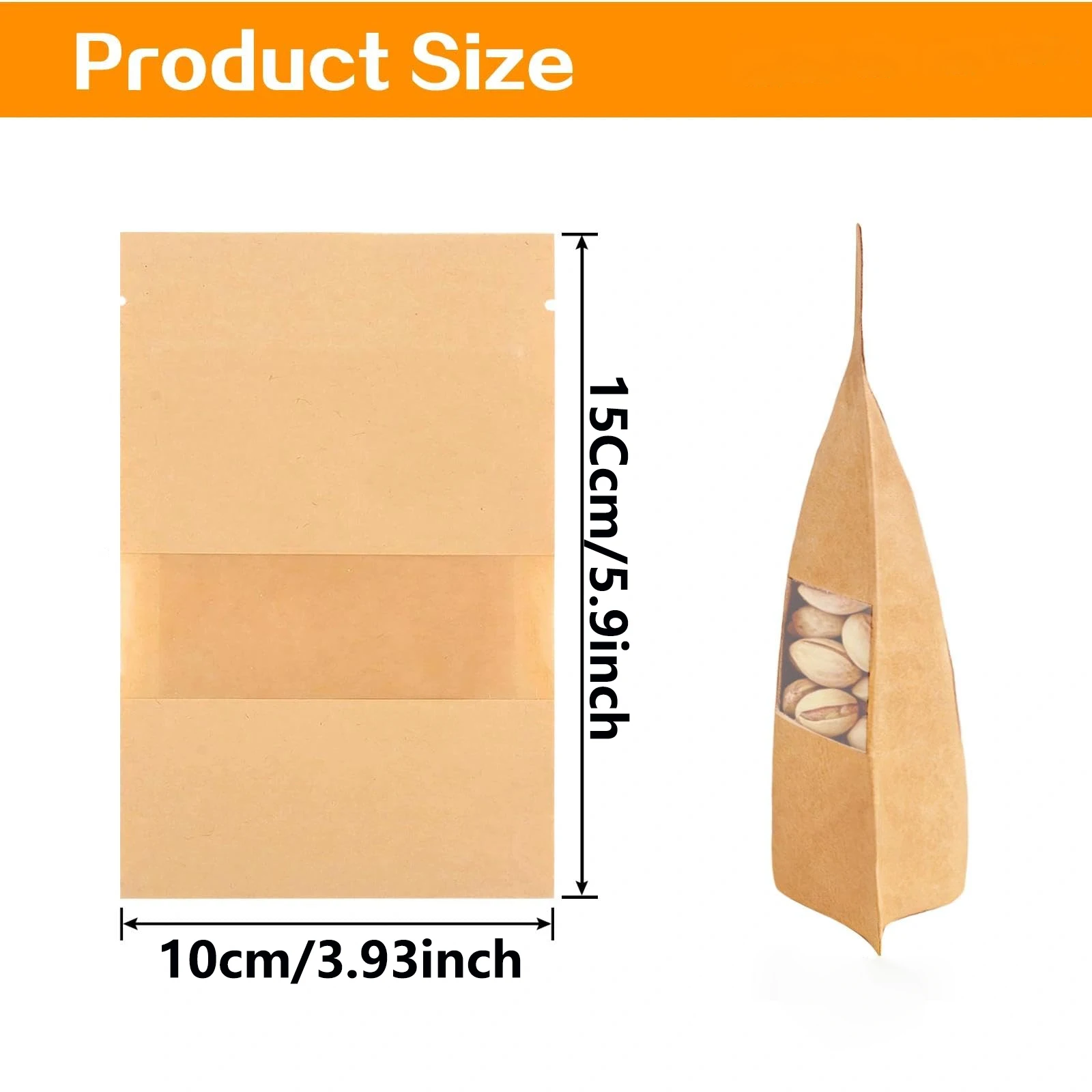 20PCS Reusable Kraft Paper Bags with Window, Zipper Closure, Brown, Layered with Waterproof Coating, Ideal for Dry Foods