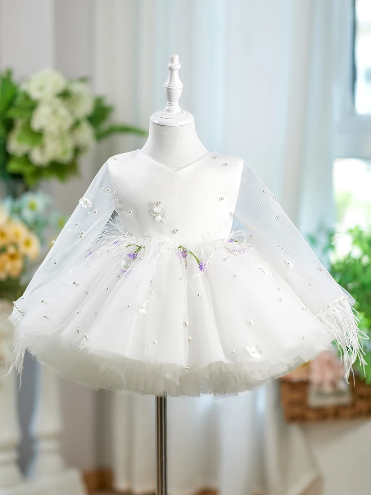 Gaun Putri Bayi Gaun Satin Mutiara Gaun Pesta Anak-Anak dengan Pita dan Jaring Lengan Panjang untuk Ulang Tahun