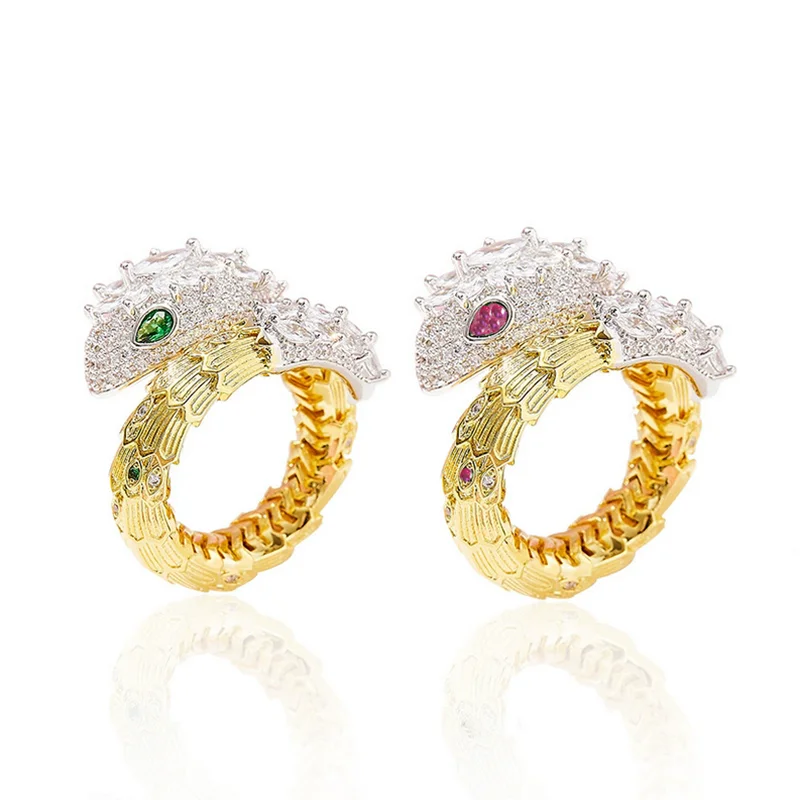 Designer Collection Fashion Style Ring Women Lady Inlay Red Green Cubic Zircon Plated Gold Color Snake Serpent Snakelike Rings
