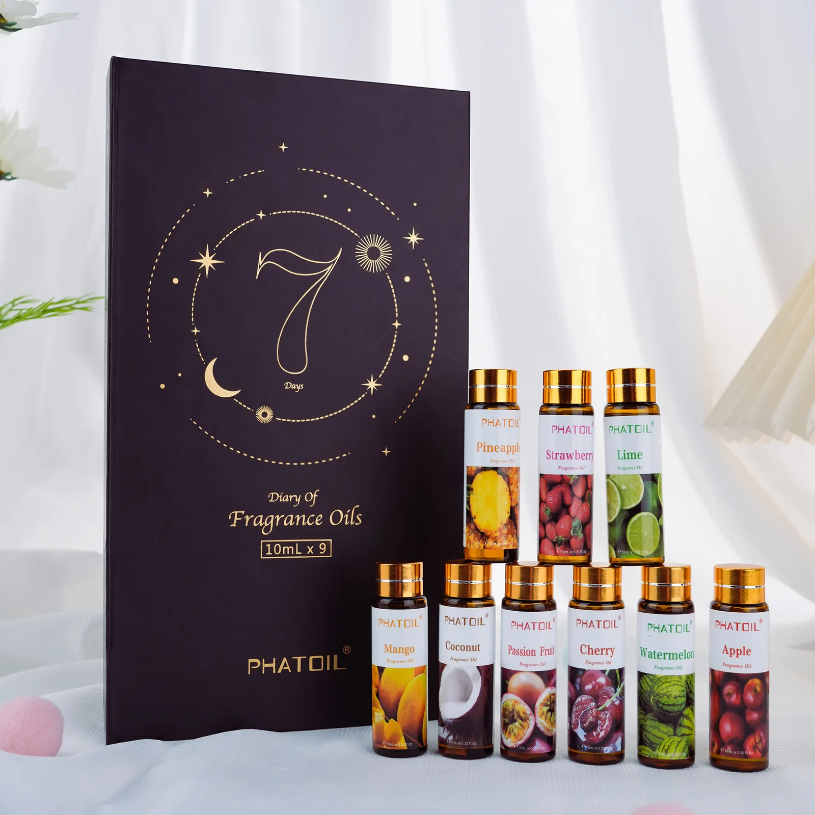 PHATOIL 9 Bottles Fruity Fragrance Oils Gift Set For Diffuser Soap Candle Making Lime Apple Mango Passion Fruit Strawberry Watermelon Cherry Coconut Pineapple 10ml 9pcs/set Fragrance Oil