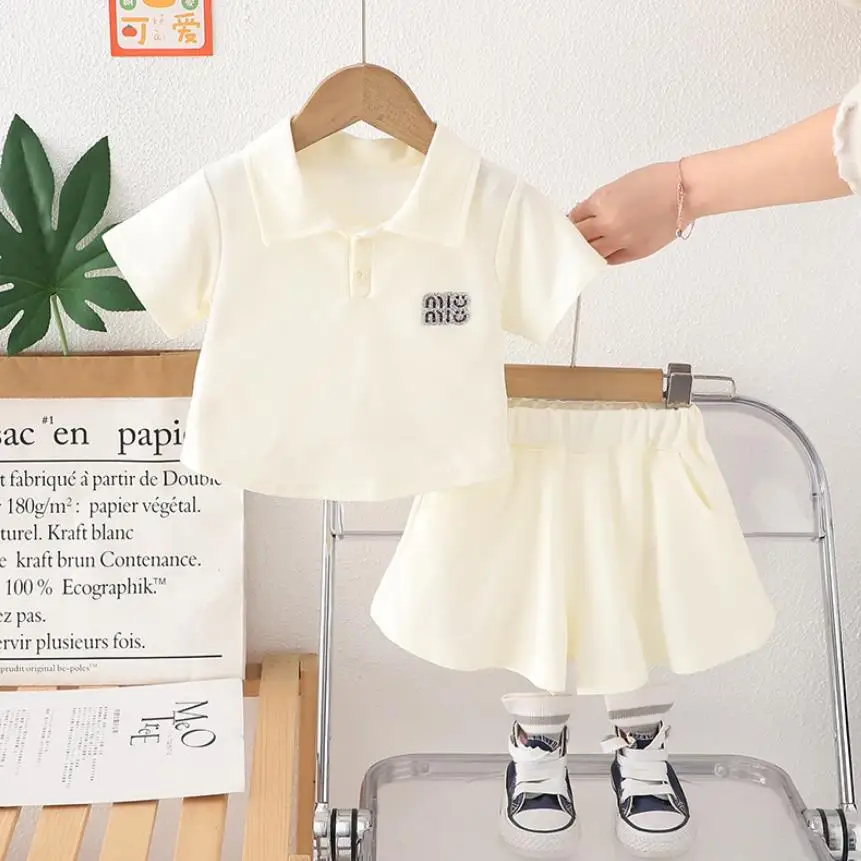 طفل الفتيات قصيرة الأكمام الدعاوى الكورية نمط ملابس الصيف بلون بدوره إلى أسفل طوق تي شيرت والسراويل الاطفال فتاة الملابس #3