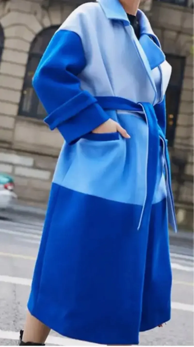 Blue Winter Cashmere Long Overcoat Women Suits Blazer Wool Formal Splicing Colors Custom Made With Belt Long Jacket Outfit