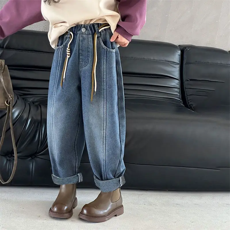 

Стильные джинсы для девочек, шаровары, свободный крой, весенне-осенняя повседневная одежда, удобные длинные брюки для детей среднего и большого размера