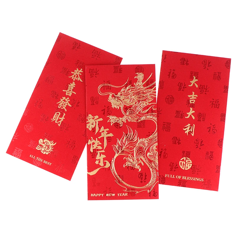 Sobres Rojos de papel duro para estampación en caliente Hongbao, sobres rojos para Año Nuevo, Festival de Primavera, bolsillos rojos, paquetes de dinero de la suerte, regalo, 2024, 6 unids/set