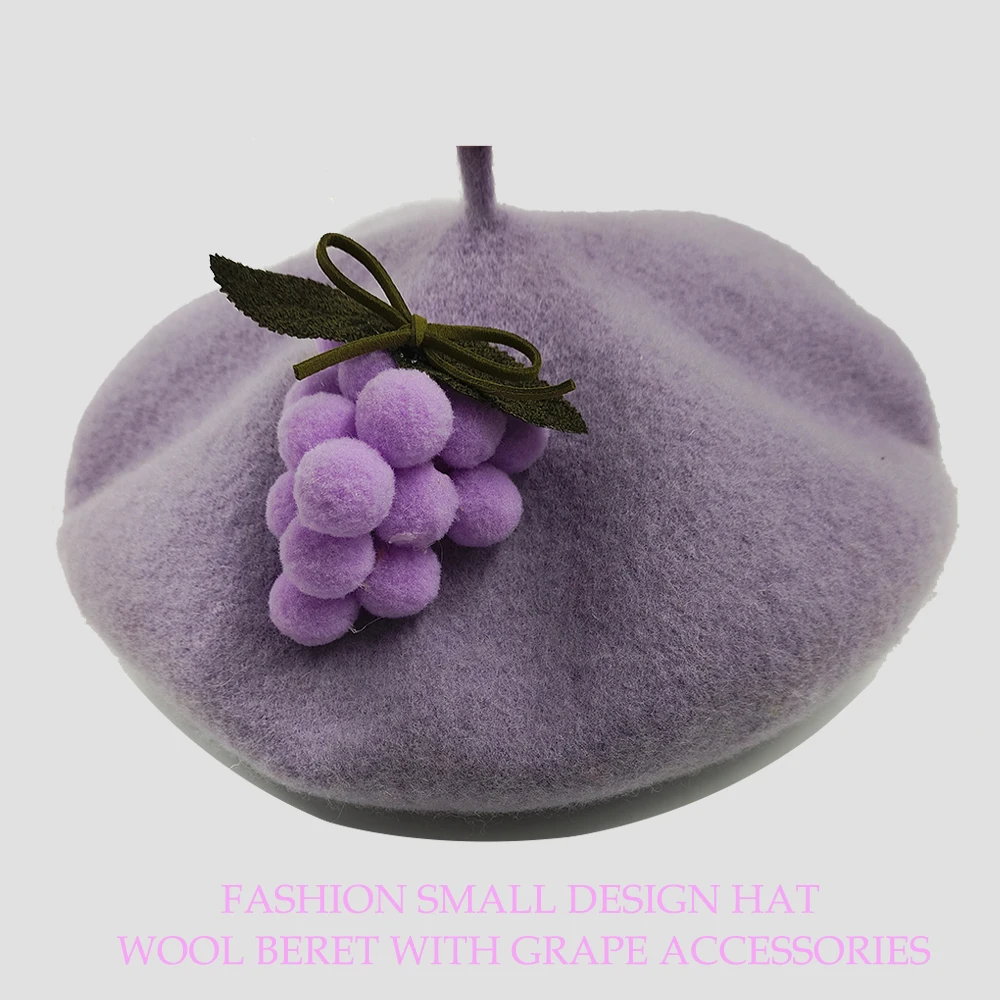 Purple Grape Wool Women\'s Beret DIY Lovely Party Gift Original Design Handmade Hat Rabbit Ear Beret Fashion Artist Hat