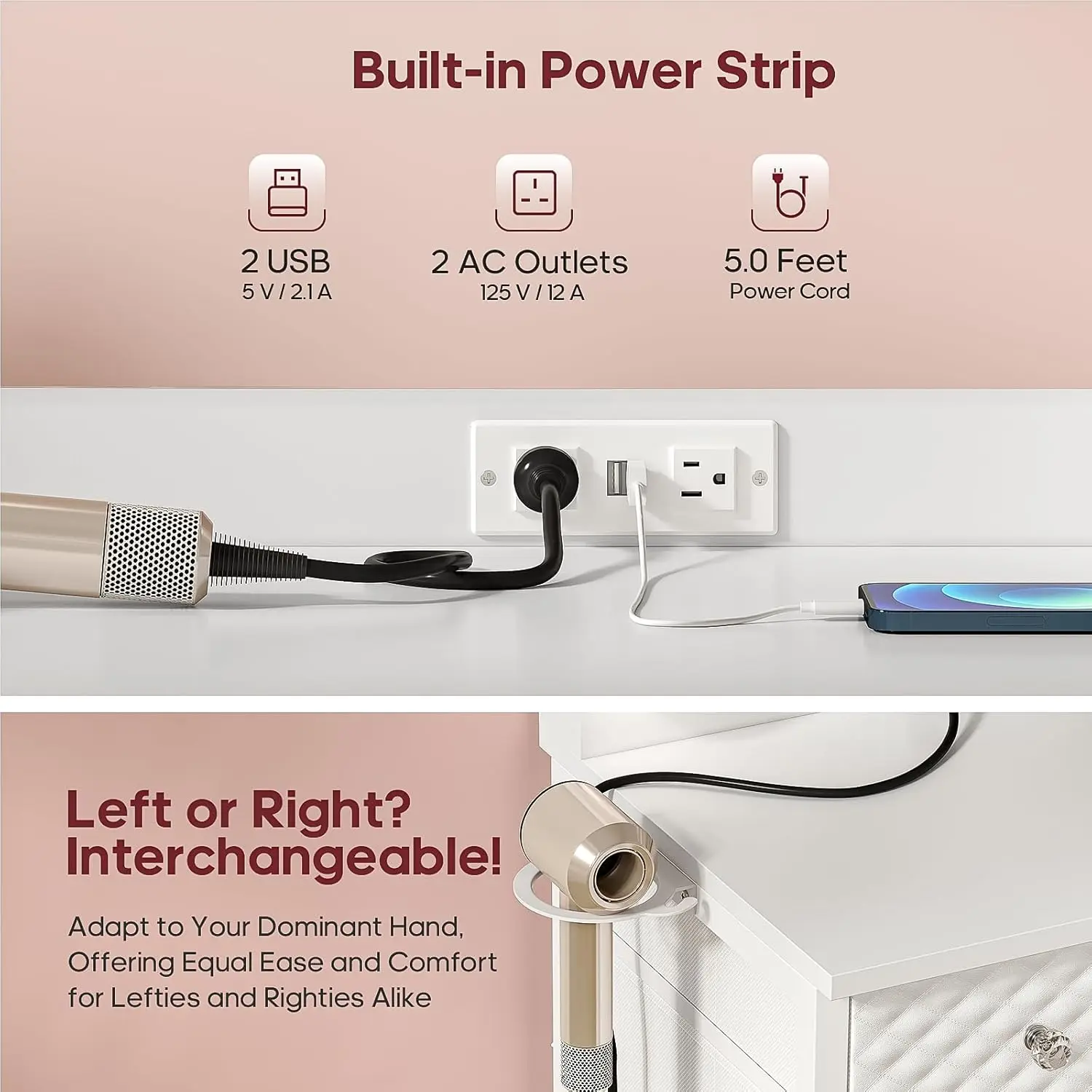 Meja Rias dengan Cermin dan Lampu Ekstra Besar, Meja Rias Rias dengan Power Strip, Meja Rias 45,3” dengan Penyimpanan, Meja Rias
