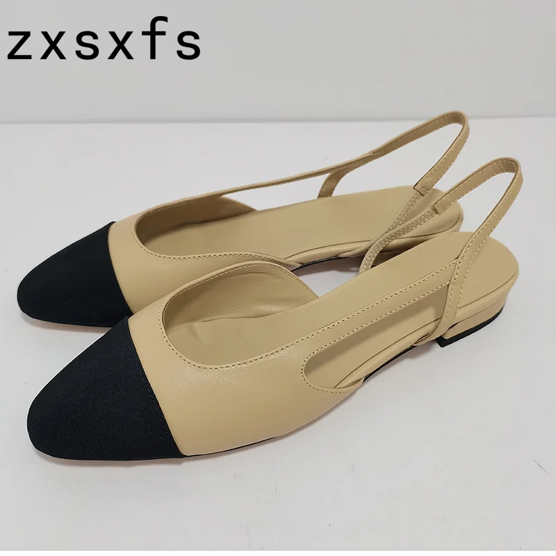 

Designer Chunky Heel Slingback Pumps Summer Brand Flat Sandals Women Point Toe Leather Dress Shoes For Woman Sandalias Mujer