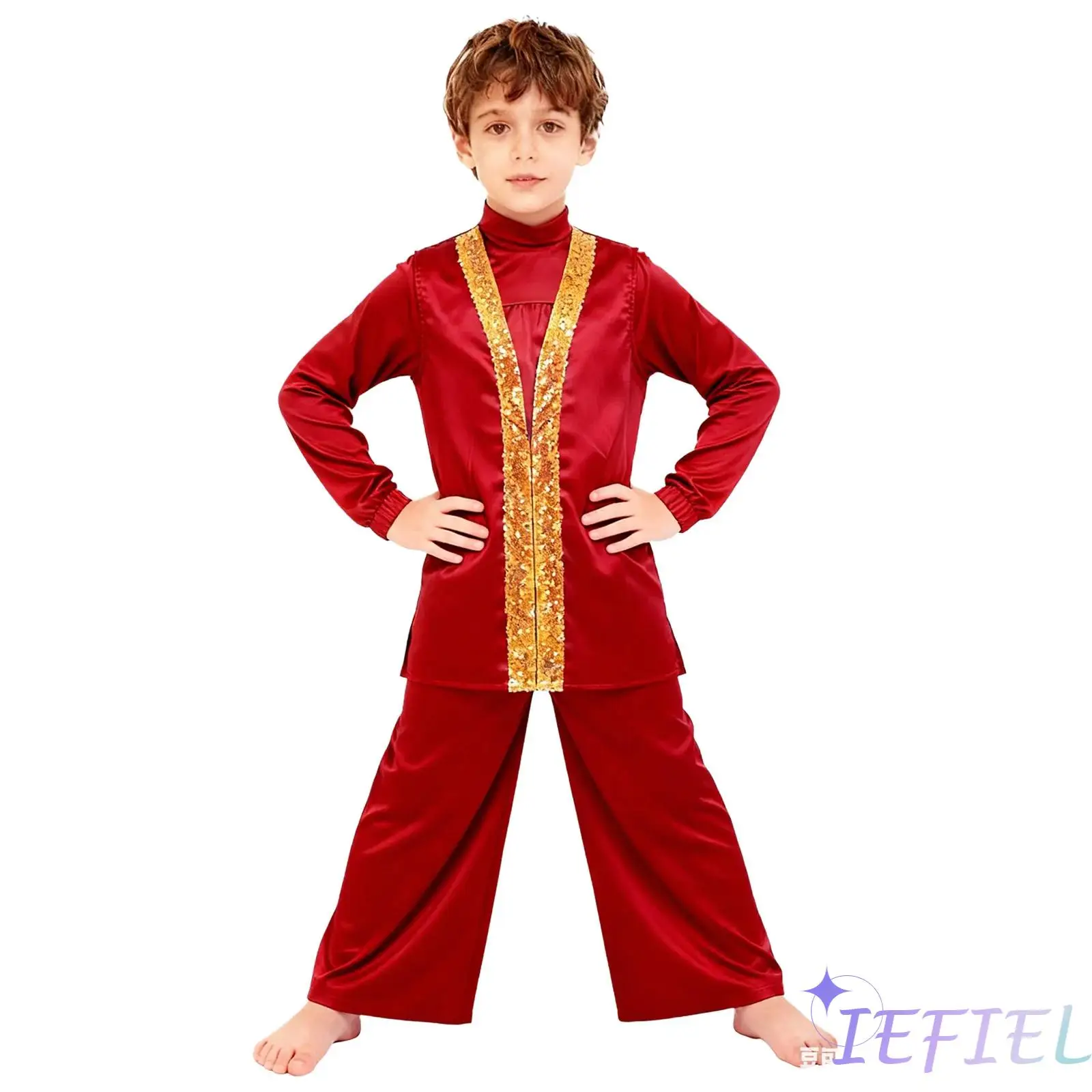 

3Pcs Kids Boys Liturgical Praise Worship Dance Outfit Long Sleeve Zipper Satin Top+Wide-Leg Pants+Sides Split Sequin Vest Robe