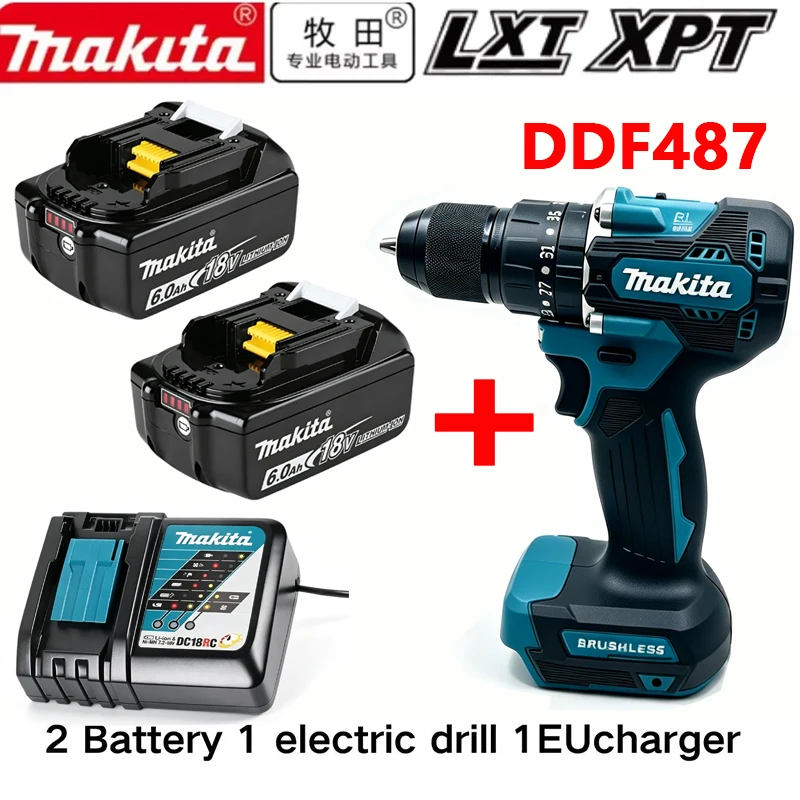 Makita Akku 18V Makita DDF487 Kabelloser Schrauber-Bohrer 18V Bürstenloser Elektro-Schlagschrauber Wiederaufladbares Elektrowerkzeug