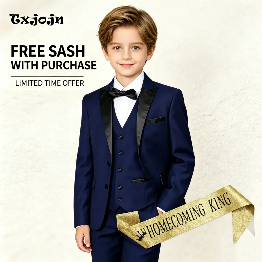 Formal Suit Set for Boys Trend Navy Homecoming Tuxedo Wedding 3 Piece Jacket Pants Vest Kids Blazer Set Slim Fit Tailored Outfit