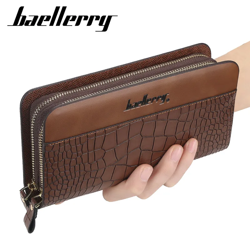 

baellerry Long Business Men Wallet Double Zippers Credit Card Holder Leather Clutch Bag Purse Phone Handbag For Male