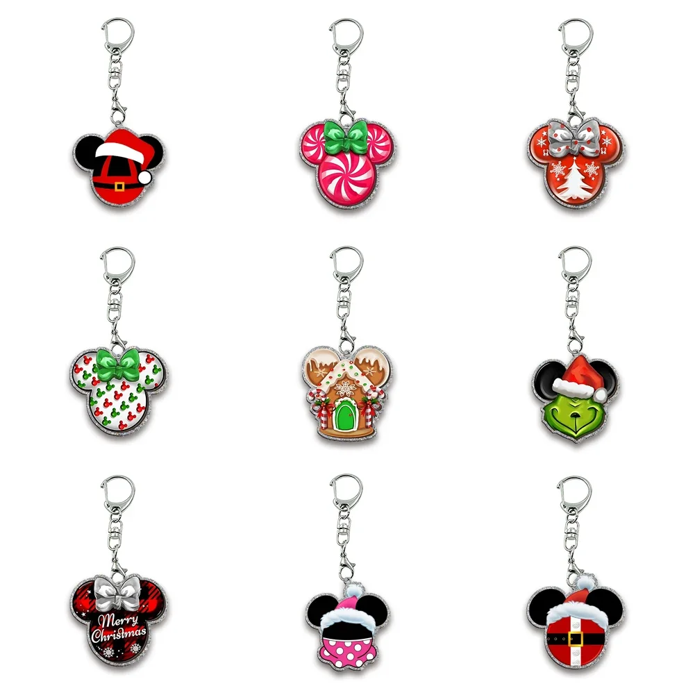 

Silver Chunky Glitter Acrylic Keychain Disney Cartoon Mickey Christmas Pendant Photo Flash Charms Printing Personality KeyChains