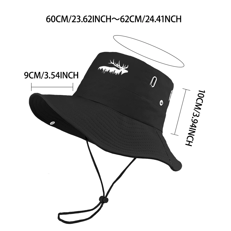 Elk Forest Print Outdoor Sun Hat - Wide Brim Breathable Bucket Hat with Chin Strap - for Hiking & Camping