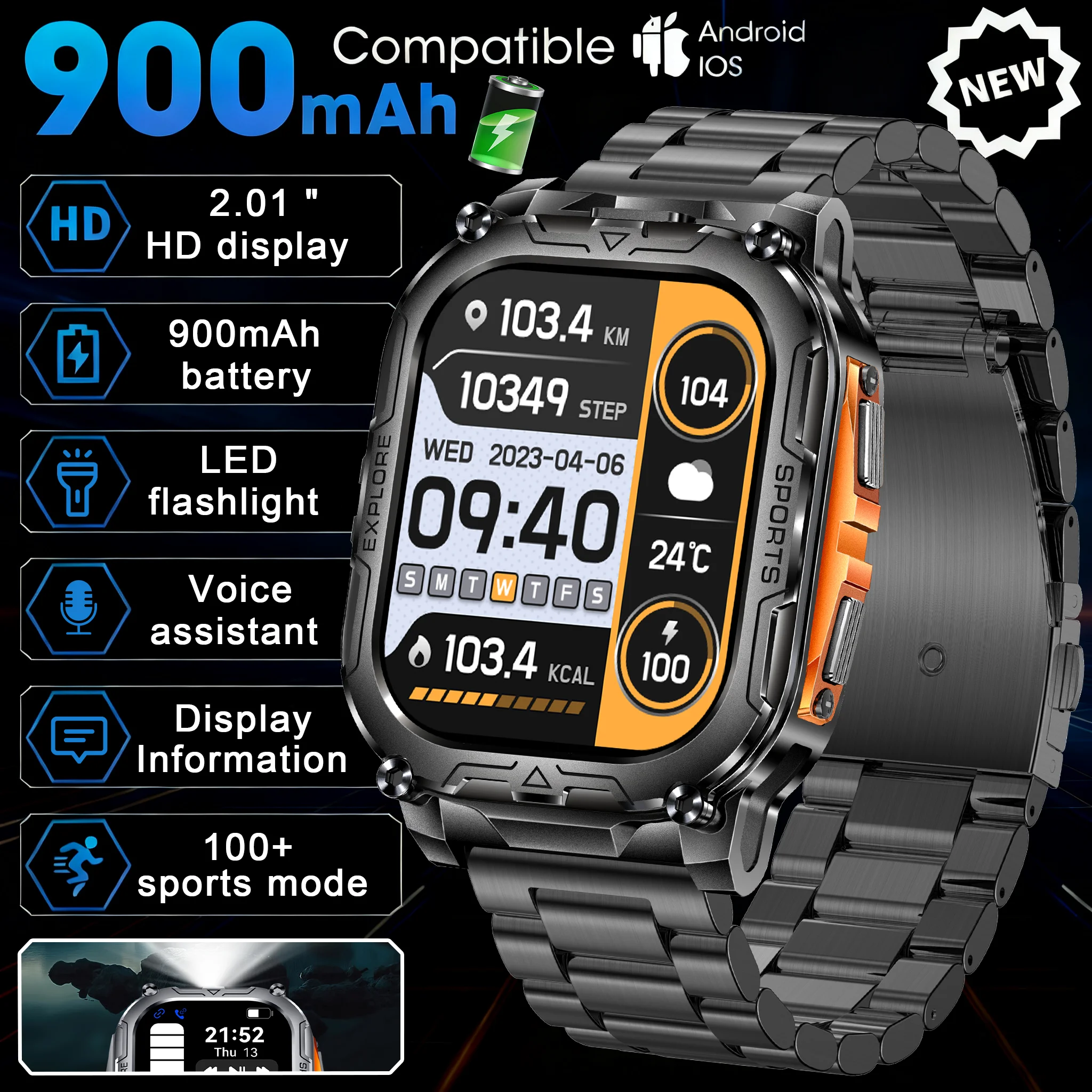

outdoorfitness smartwatch features a 900mAh battery, 2.01-inch AMOLED screen, Bluetooth calls, IP67 water, men's smartwatch 2025