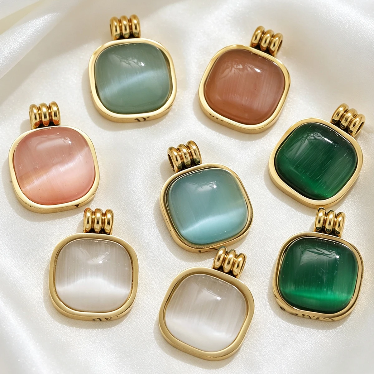 2pcs Cat's Eye Stone Square Rounded Charms Stainless Steel Gold Plated Pendants DIY Necklaces Earrings Women Jewelry Wholesale