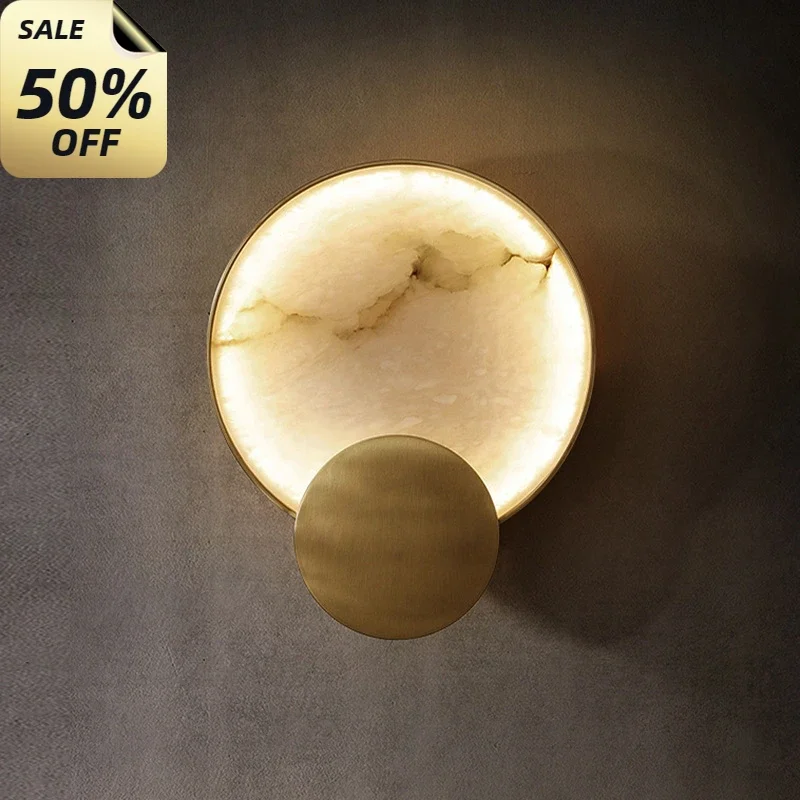 

High-Grade Round Marble Wall Lamp Copper Indoor Lighting Living Room Bedroom Study Modern Minimalist Led Decor for Home