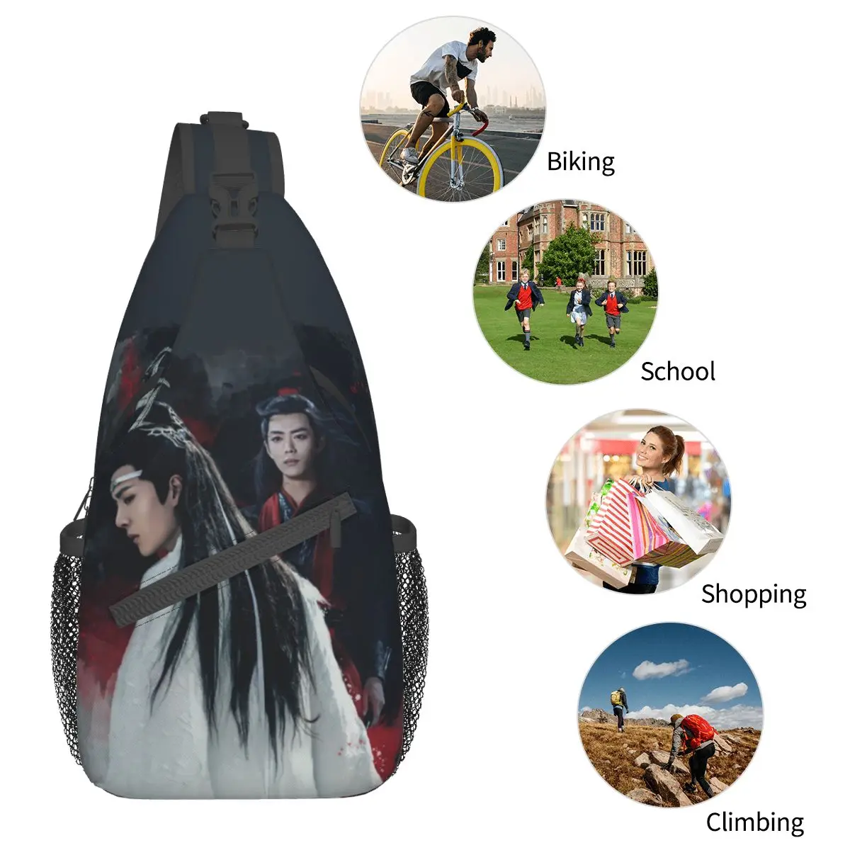 Wangxian Untamed กระเป๋าสะพายขนาดเล็กคาดอกพาดลำตัวกระเป๋าสะพายหลังกีฬากลางแจ้ง Daypacks LAN Wangji Wei Wuxian Satchel