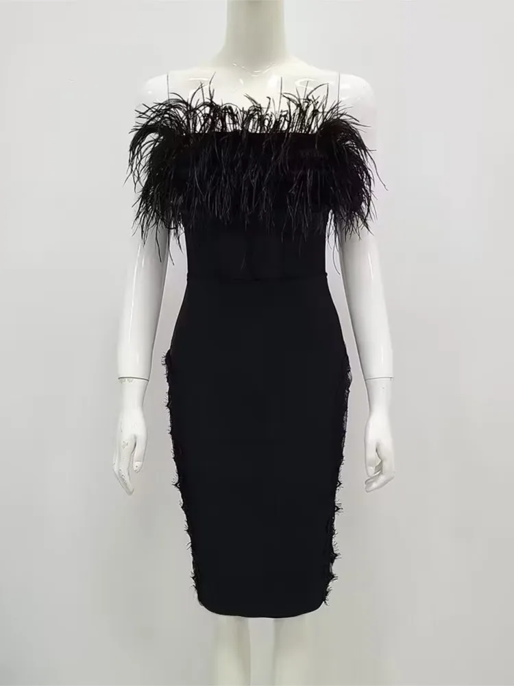 

Gorgeous Ostrich Fur Sexy Lace Perspective Black Strapless Elegant Cocktail Bandage Evening Dress