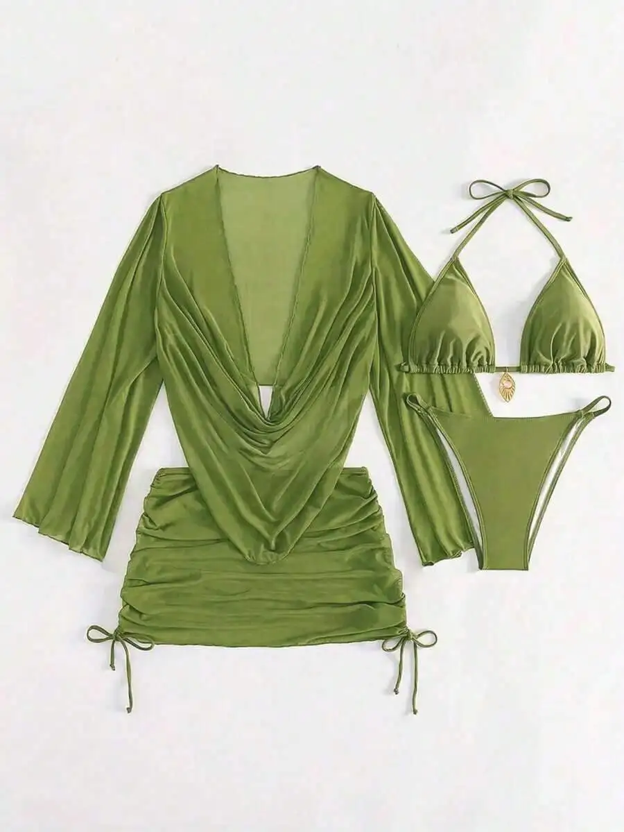 

4Pcs Solid Green Bikini Set With Sheer Cover-Up For Beach Vacation Party