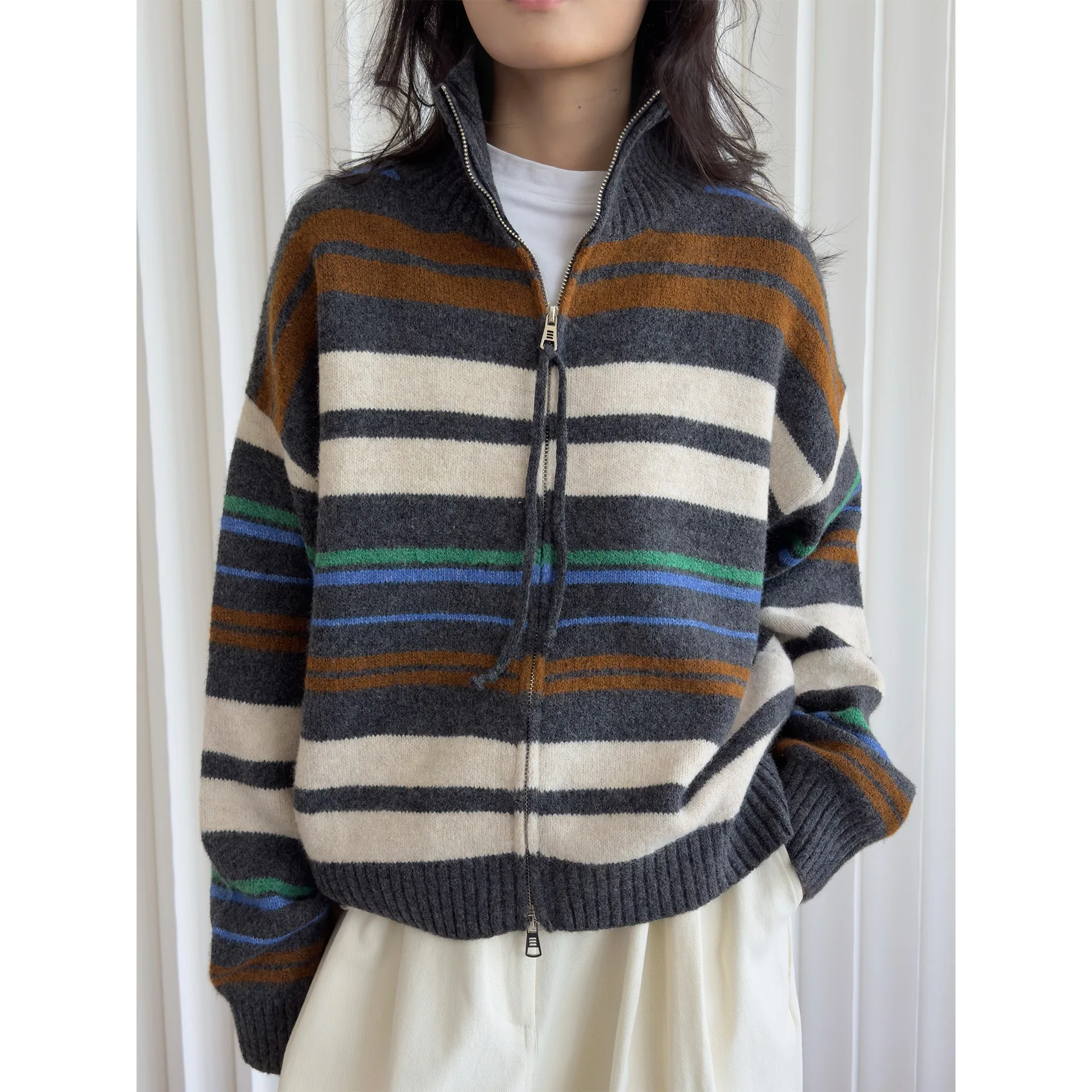 Winter Striped Stand Up Collar Cotton Wool Sweater Cardigan Soft Skin Friendly Top for Women