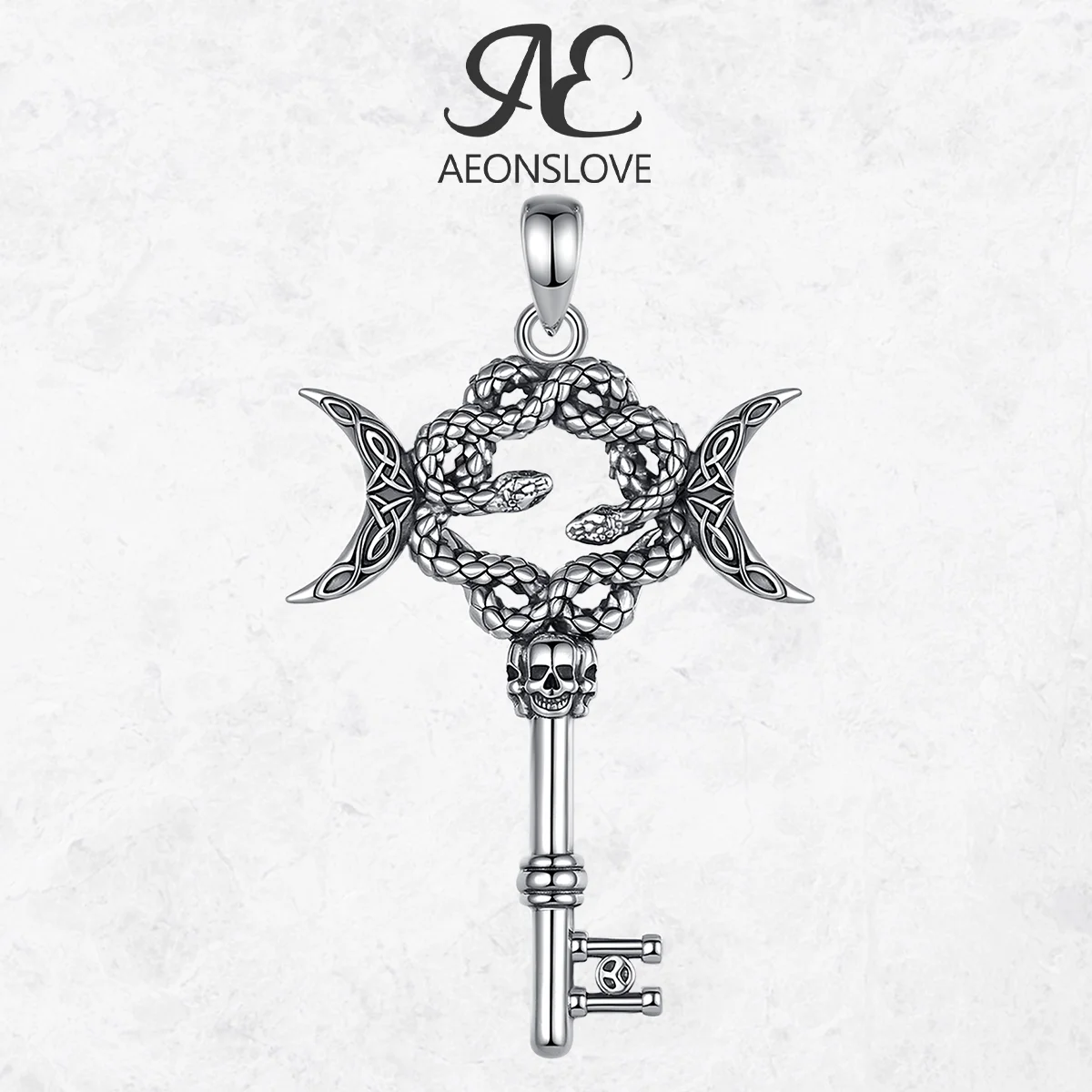 

AEONSLOVE 925 Sterling Silver Hecate Key Necklace Wicca Triple Moon Goddess Snake Skull Pendant Gothic Pagan Jewelry Amulet Gift