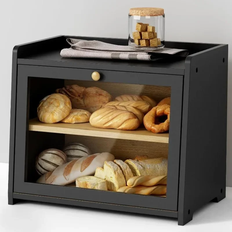 Wood Farmhouse Breadbox Organizer Hot Sale Large Bread Storage Container Black Bread Box for Kitchen,