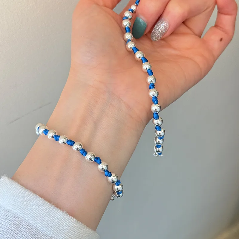 S925 Silver Round Bead Hand Rope Bracelet Women's Simple Hand-woven Design Fashionable Versatile Beaded Jewelry 6314A