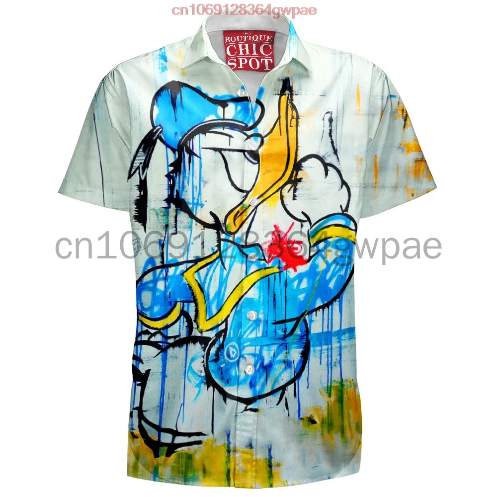 Donald Duck Hawaiian Shirt Men's Women's Short Sleeve Button Down Shirt Disney Graffiti Lapel Shirt Casual Retro Beach Shirt