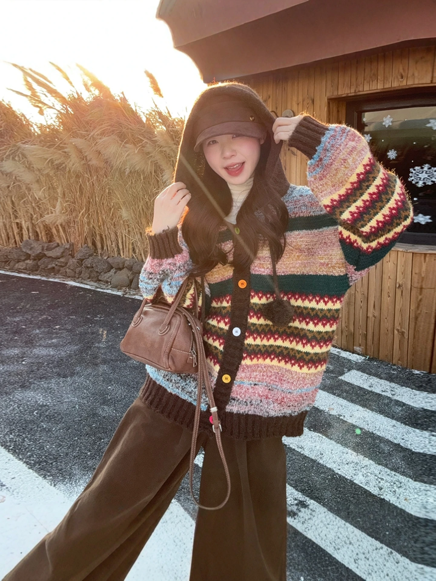 Retro Fair Isle Knitted Sweater Coat Women's Loose Thickened Autumn Winter New Lazy Style Open Cardigan Top Warmth Heating