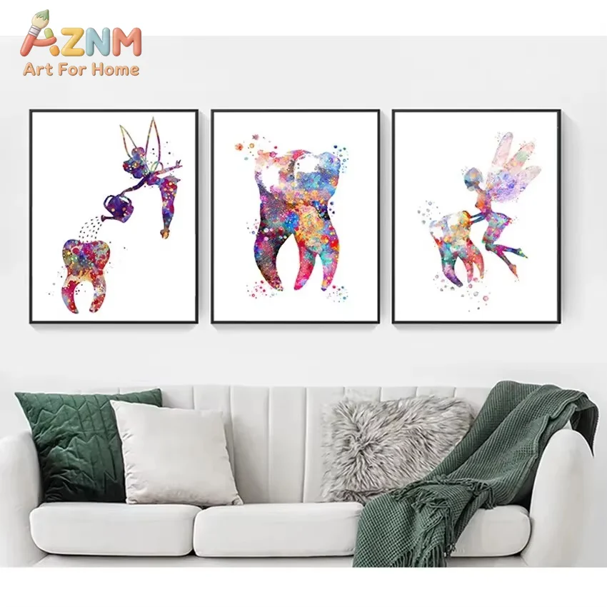 Dental Art Watercolor Canvas Print Teeth Wall Pictures Tooth Fairy Clinic Decor Hygienist Poster for Dental Office Home Decor