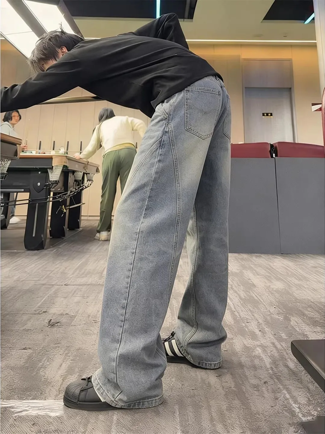 

Retro Blue Denim Jeans Men's Autumn Winter American Sle Casual Pants Knife Slant Cut Workwear Straight Leg Trousers