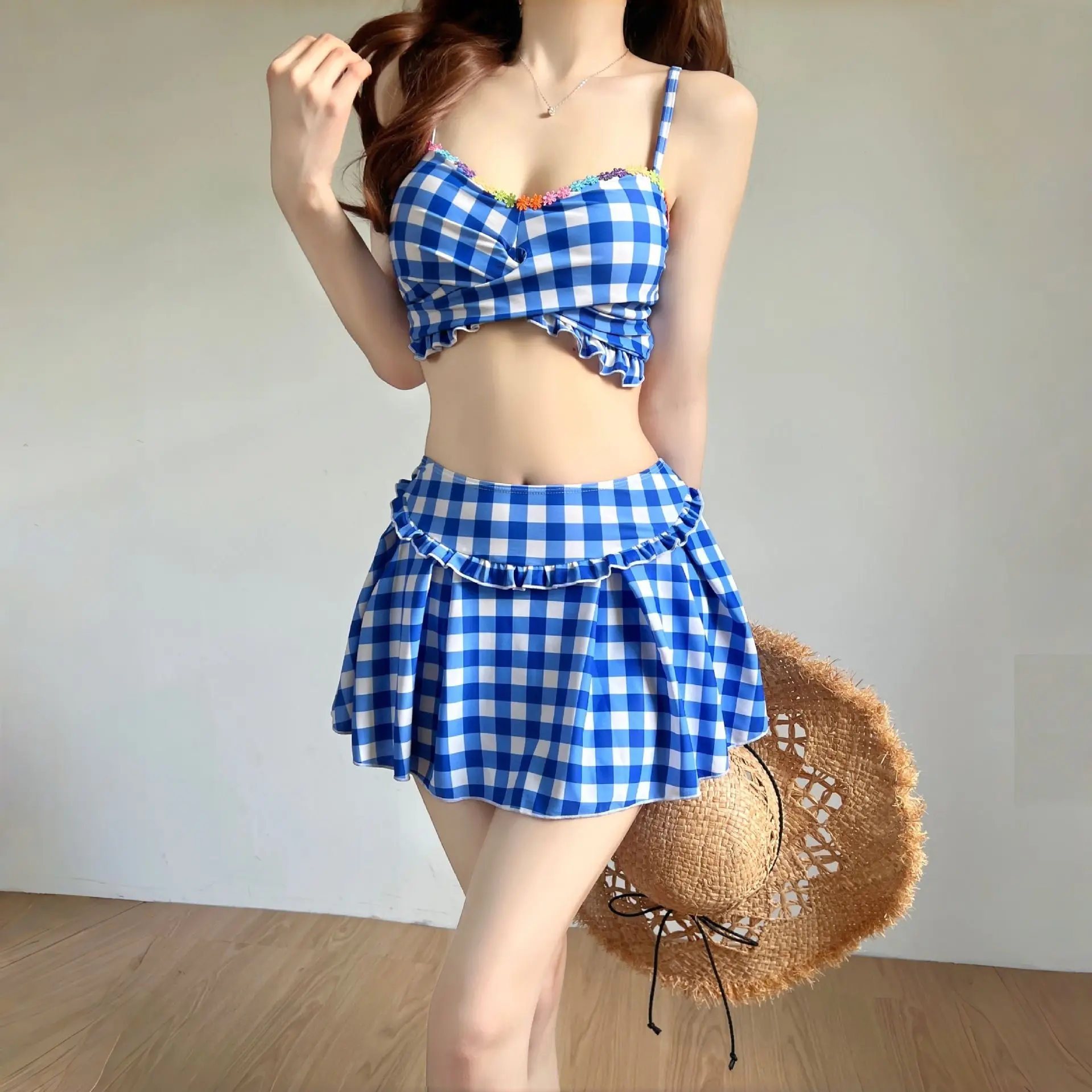 

Y2k Harajuku Vintage Kawaii Bikini Sexy 3 Piece Sets 2000s Sweet Plaid Slim Swimsuits Women Swimwear Japan Style Beachwear Chic