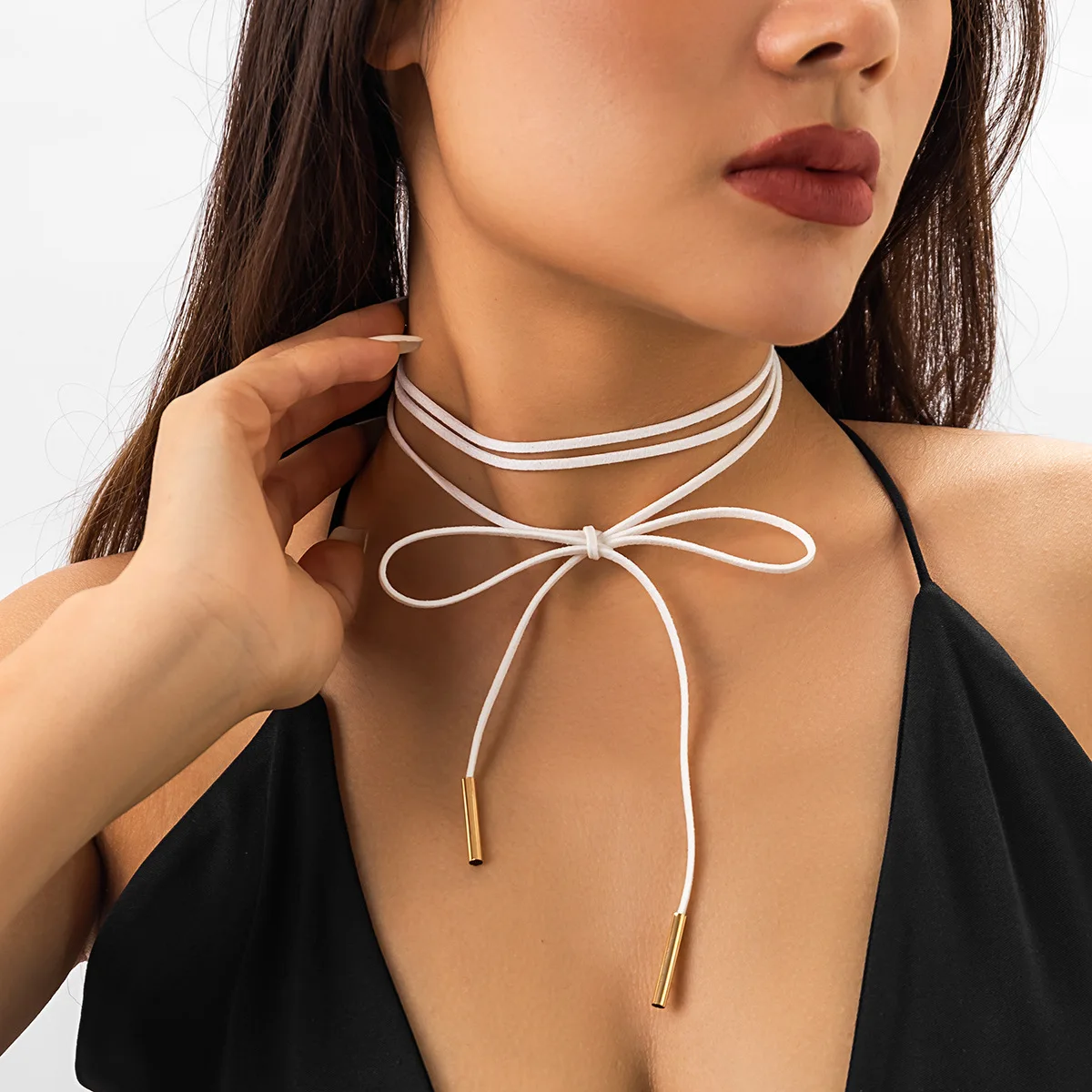 Choker Necklace Velvet Ribbon Tie Bow Handmade Adjustable Long Party Elegant Versatile Jewelry Women Silver Tone Premium