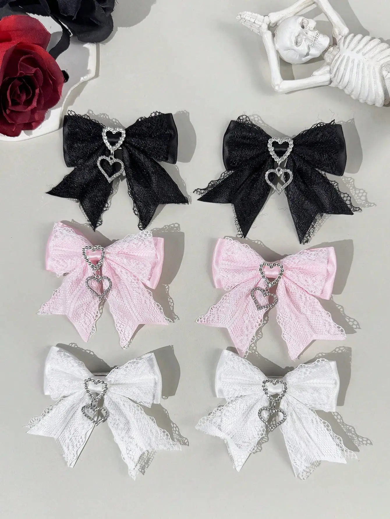 Two-piece set of women's street-style youthful sweet-cool lace ribbon rhinestone accessory bow hair clip, suitable for any scene