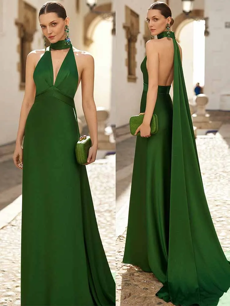 

Formal Women's Evening Ball Gowns Satin Sheath/Column Celebrity Dress Green High Collar Shawl Backless Prom Dress Long 2025