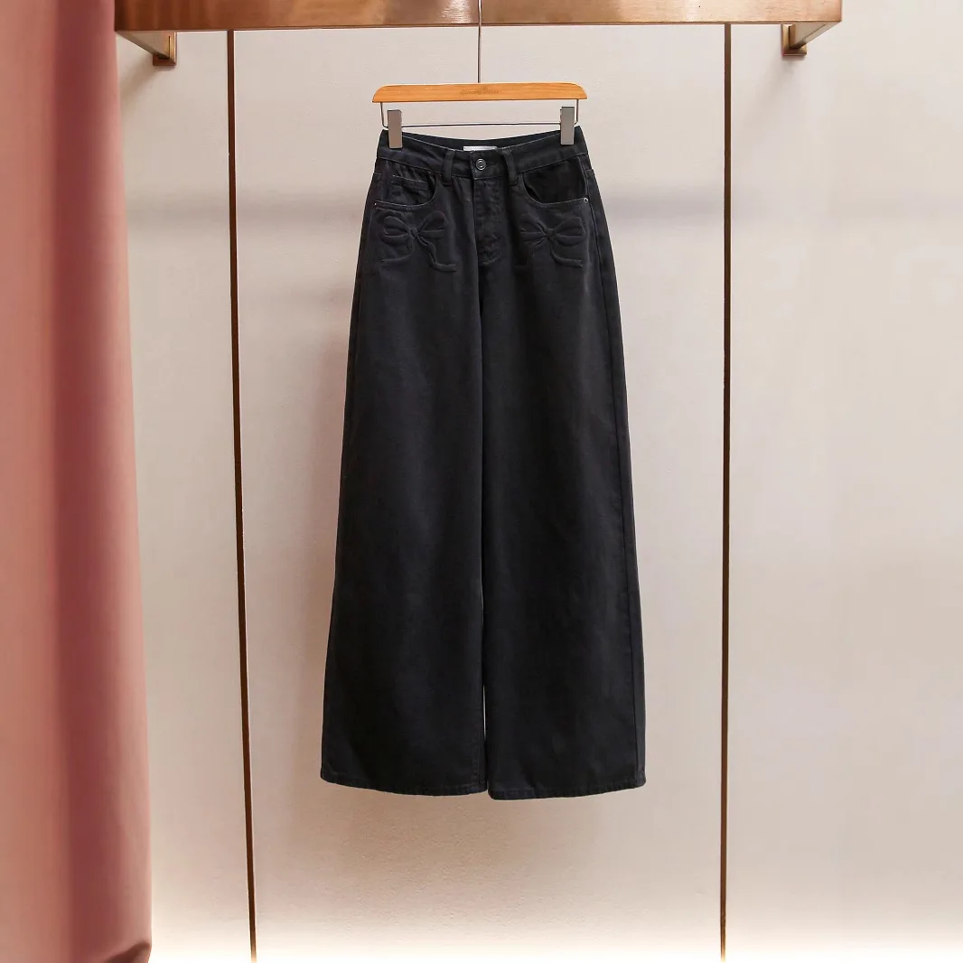 

Fashionable Retro High Waist A-Line Denim Pants Spring New Arrival Pure Color Unique Knot Print Casual Cotton Jeans