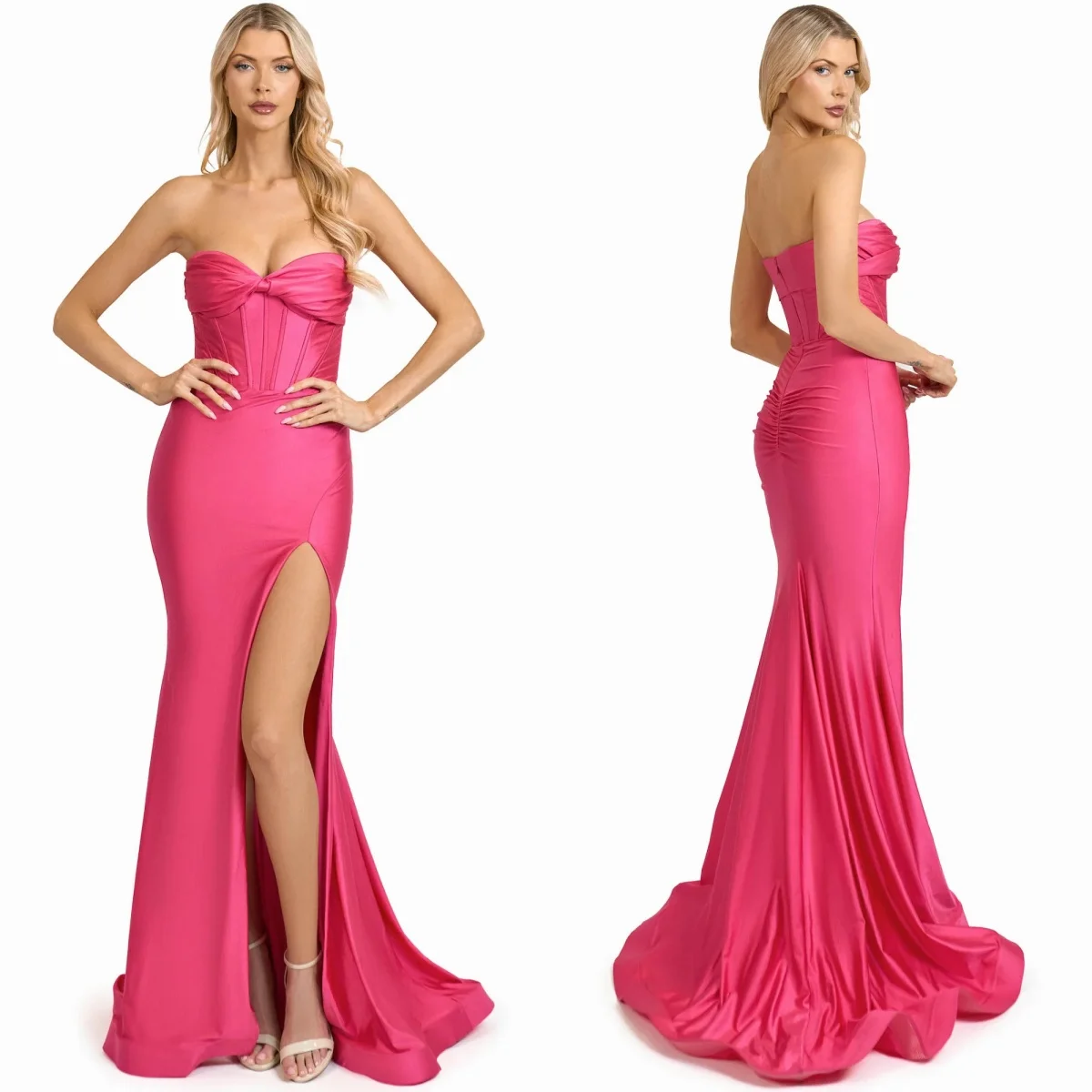 

Simple Pink Evening Dresses Sweetheart Sleeveless Satin Women Prom Gowns Sexy Side Split Customized Wedding Bridesmaid Gowns