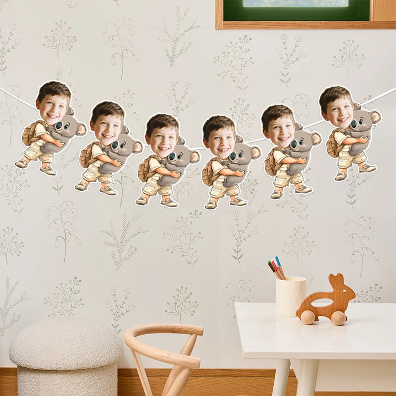 6/12pcs Custom Face Banner Koala Hug Boy Personalized Safari Jungle Garland Kids Customized Pendant Birthday Party Supplies