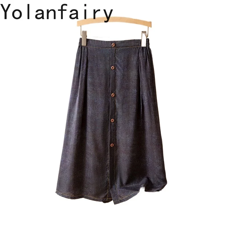 YOLANFAIRY New 100% Real Mulberry Silk Summer Skirts Woman Faux Denim Skirts Mid-length A-line Skirt Korean Clothing Streetwear